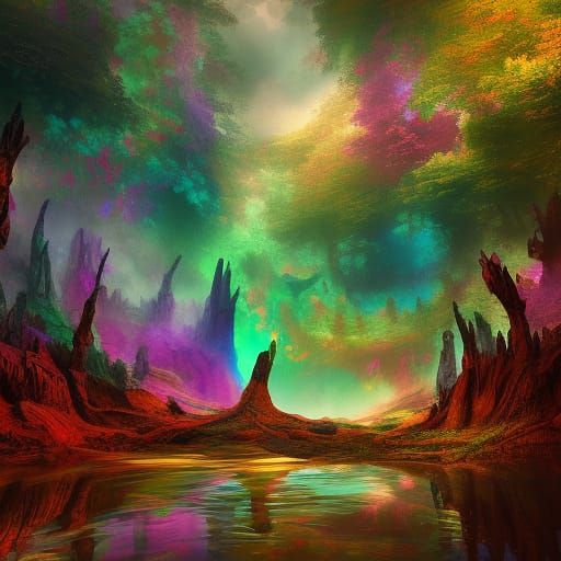 Vibrant Eyes Reflected in Rainbow Puddles