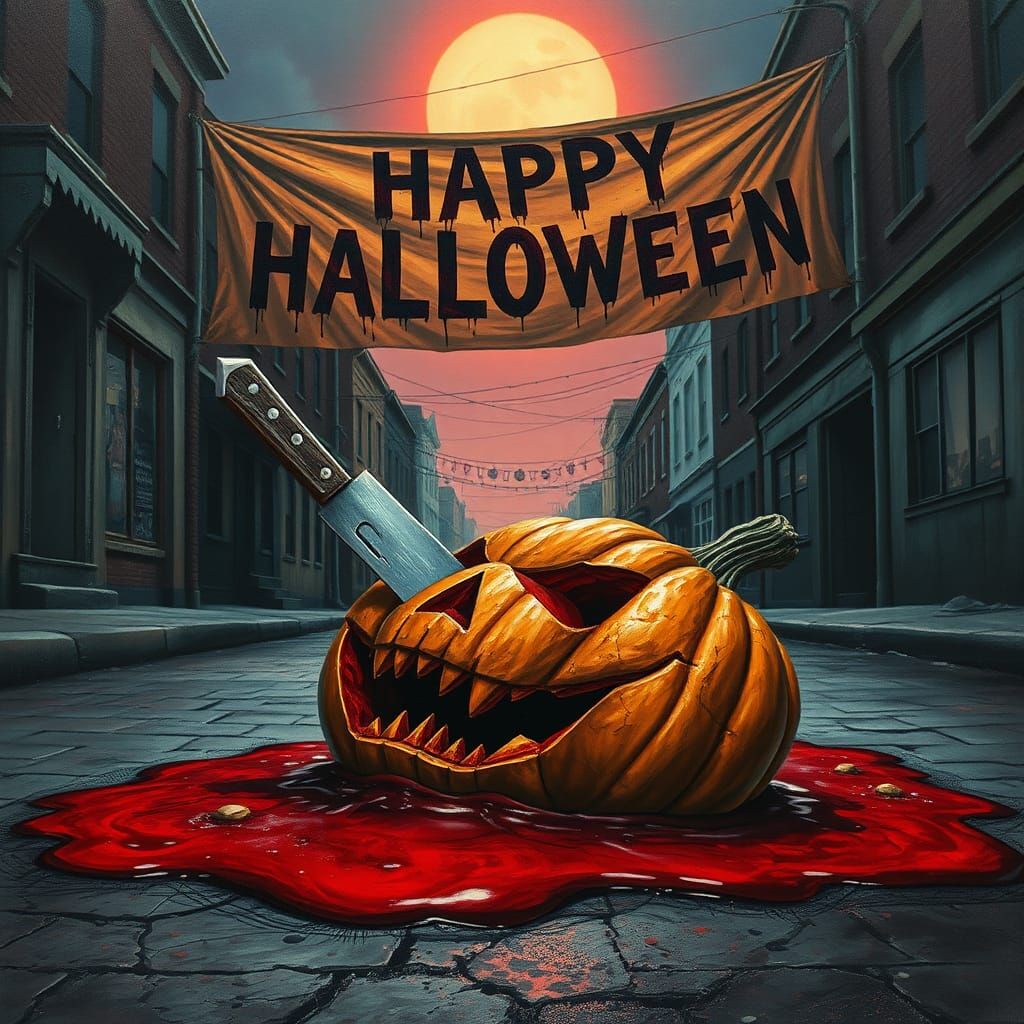 dark halloween night. a smashed pumpkin lies in a red puddle, in the pumpkin is a big knife. background dark small town ...