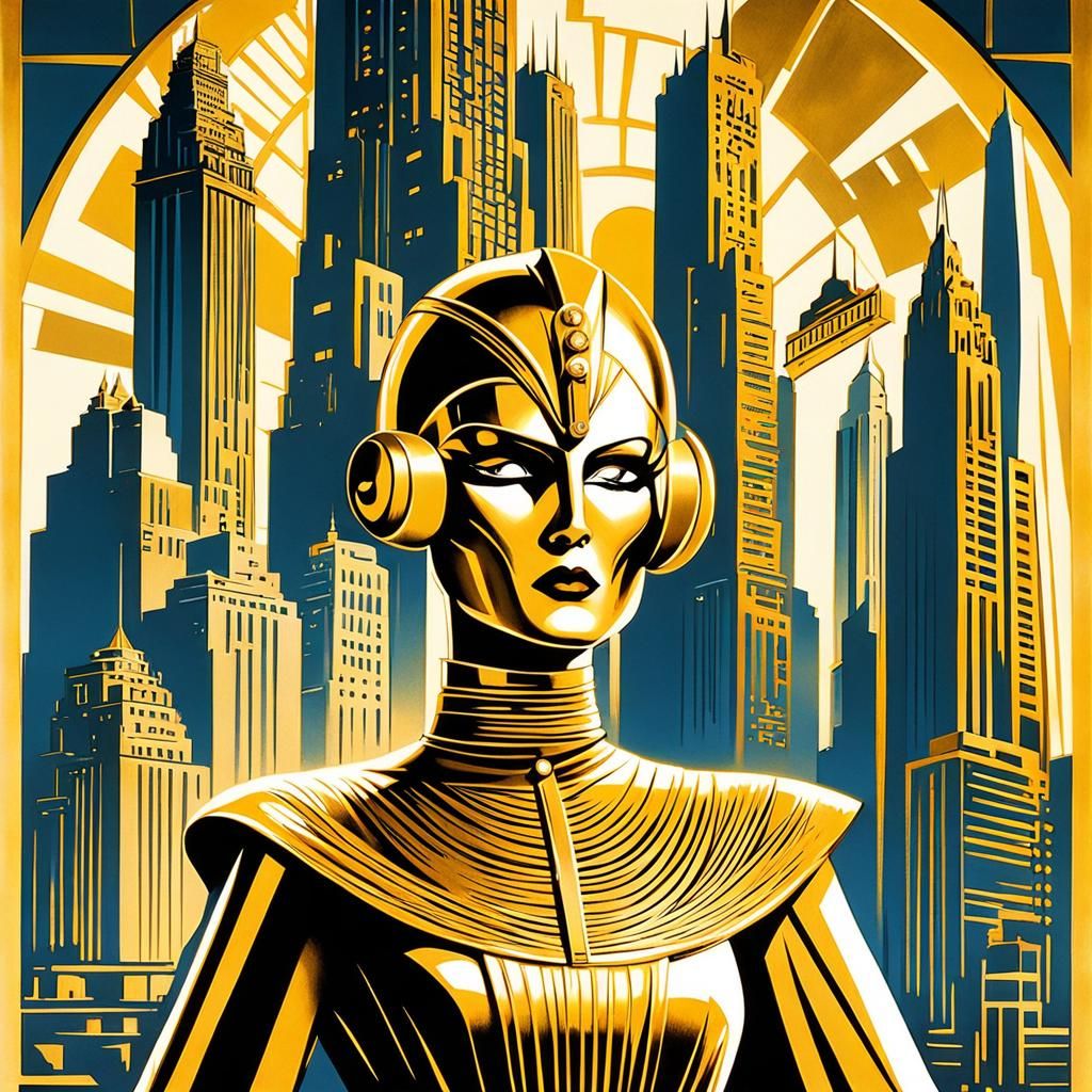 Metropolis Movie Poster with Golden Mask, Art Deco Style