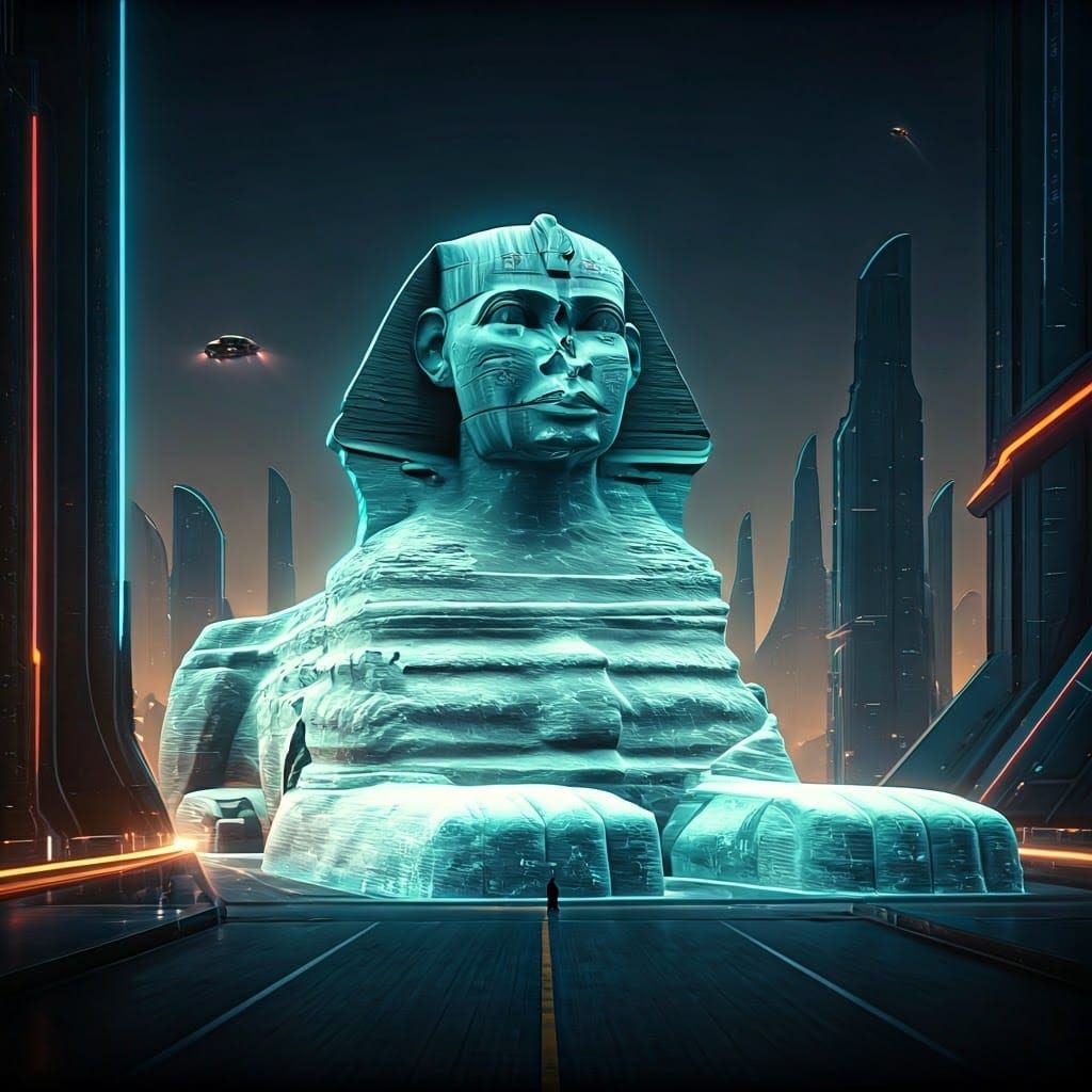 Ancient Sphinx Dominates Futuristic City Skyline in Ethereal...