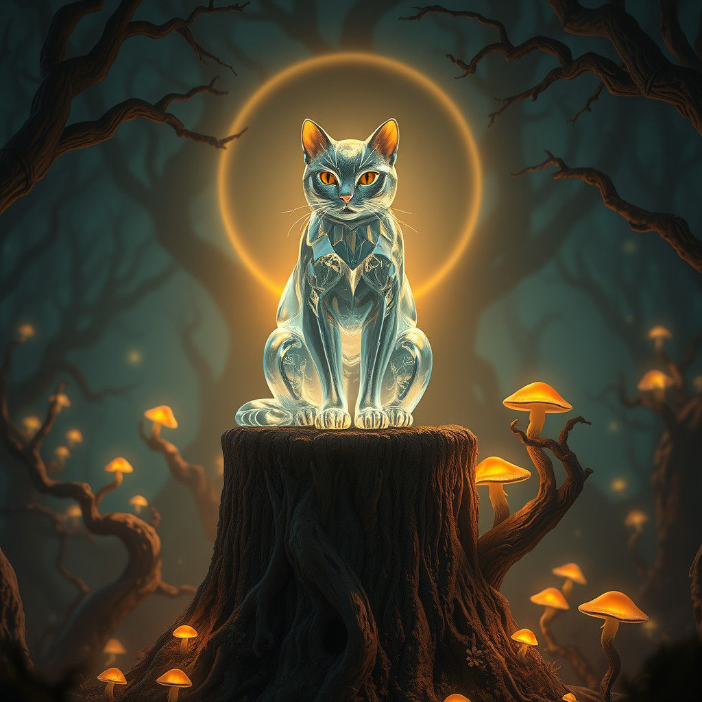 Translucent Glass Cat in Mystical Forest, Digital Art
