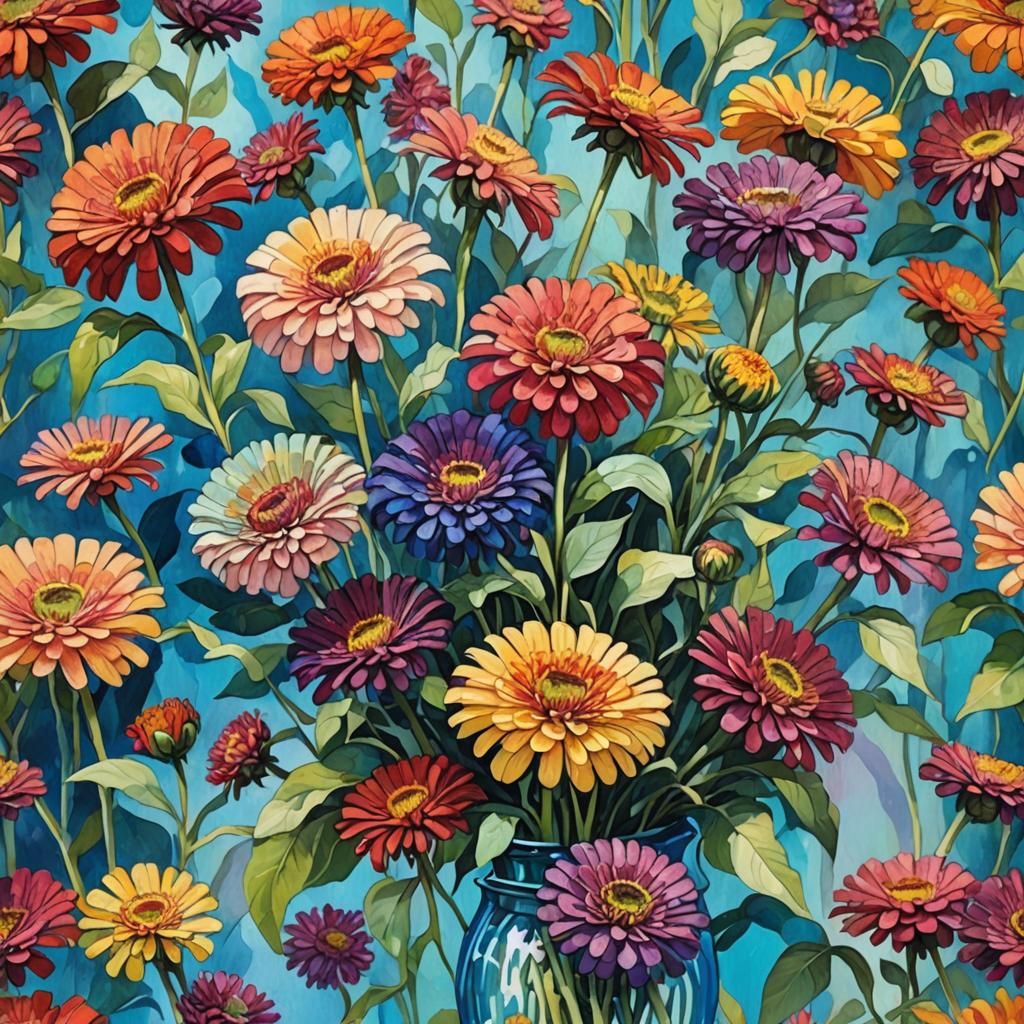 Iridescent Vase of Zinnias in Gouache Style
