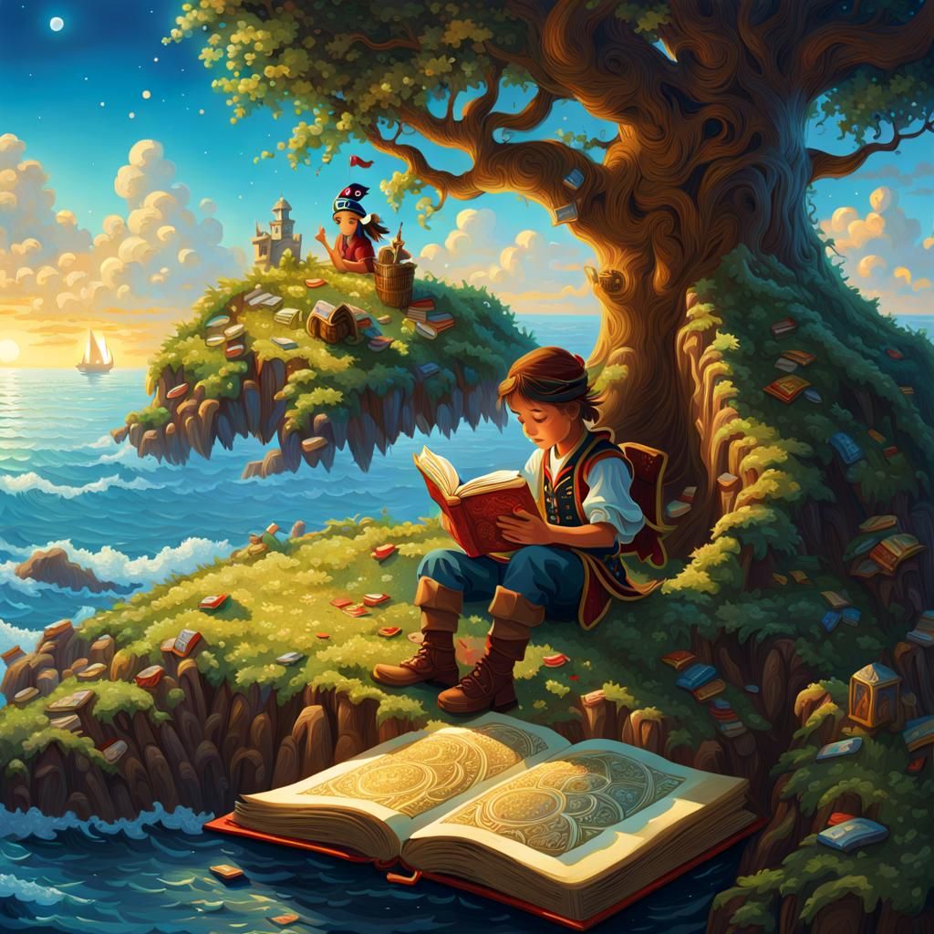 Enchanted Storybook Scene with Pirate Island