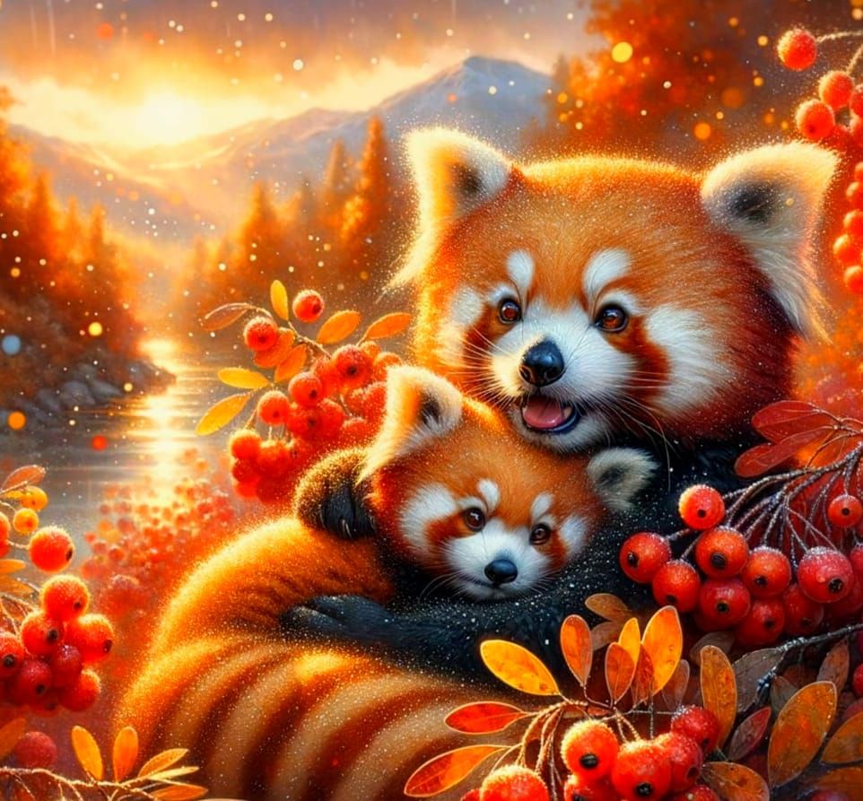 Joyful Red Panda Family in Serene Forest