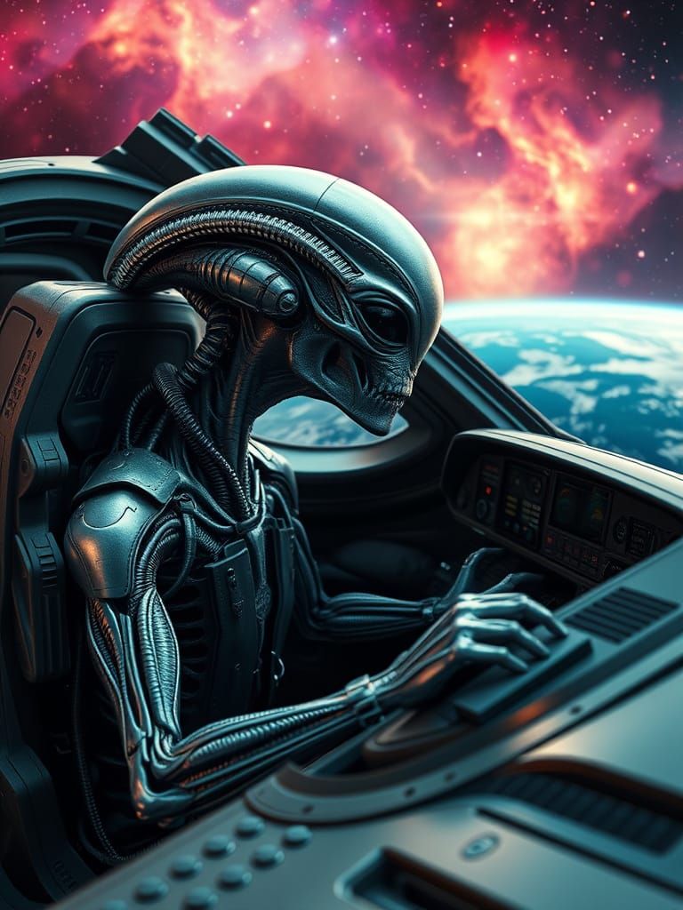 Alien Pilot in Futuristic Spaceship Gazes at Earth
