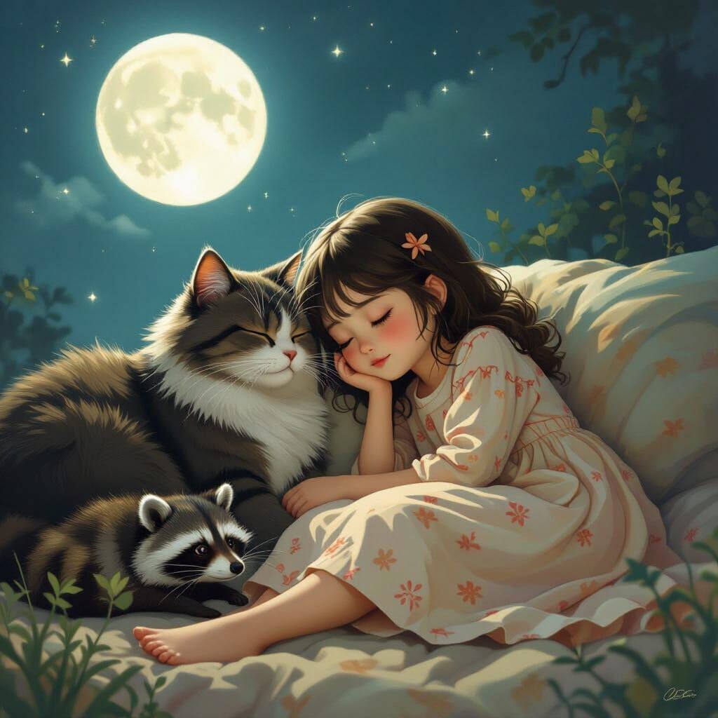 Girl, Cat, and Raccoon Under Moonlight in Photorealistic Sty...