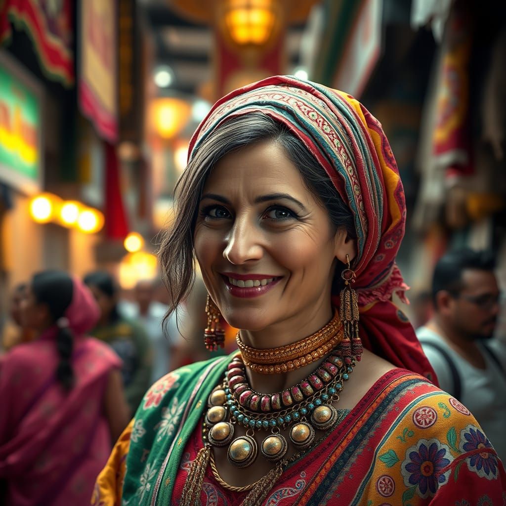 Romani Woman in Vibrant Marketplace, Illuminated by Fantasy ...