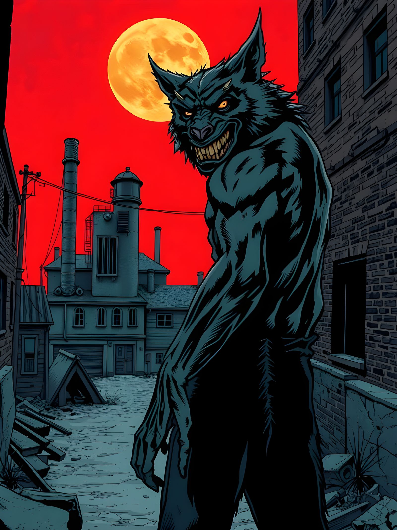 Werewolf in Deserted City Alley Comic Style