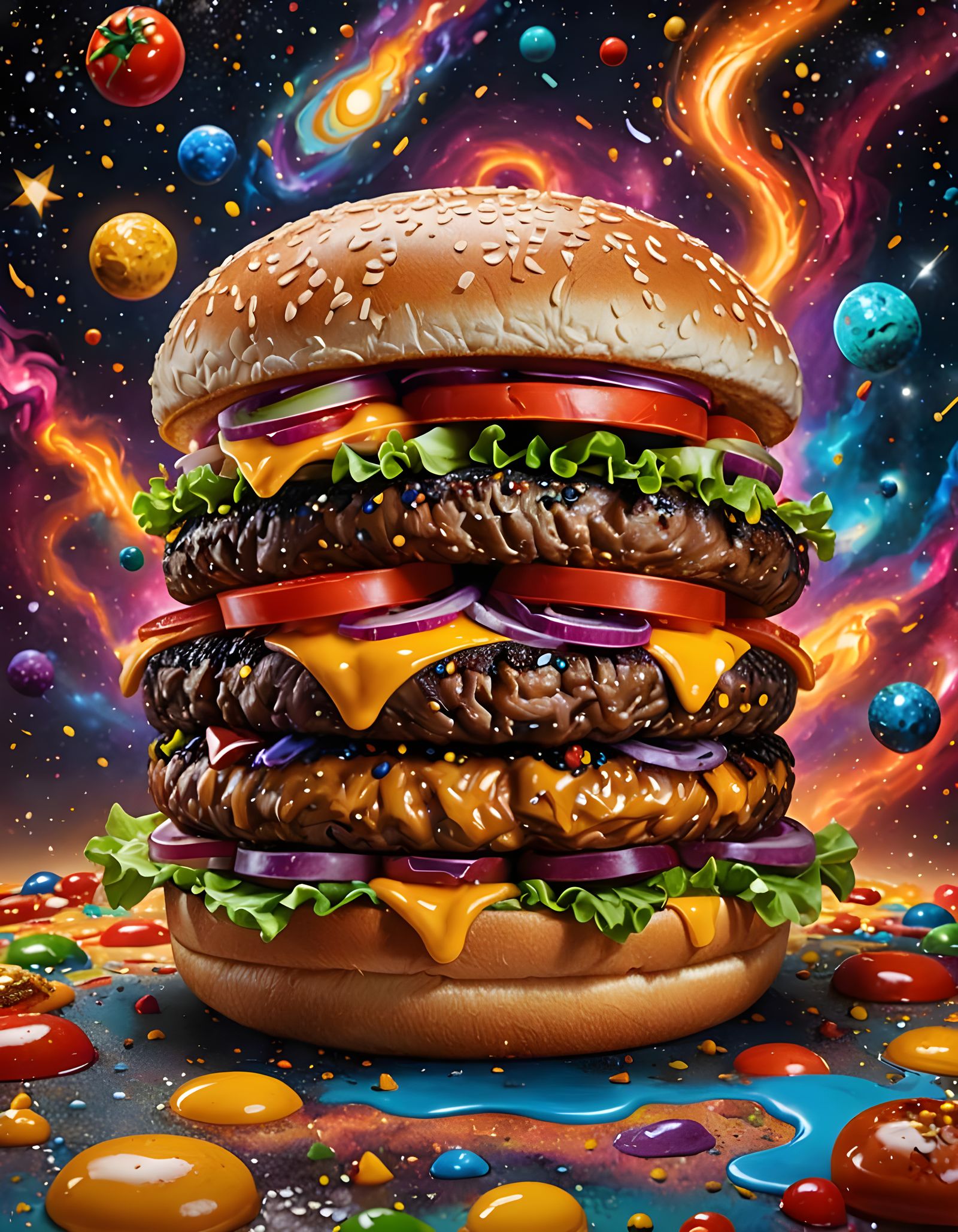 Hyperrealistic Galaxy Burger in Space Scene