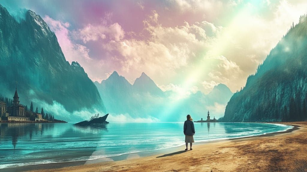 Quebec Maritime Scene: Woman, Whales, and Mountains