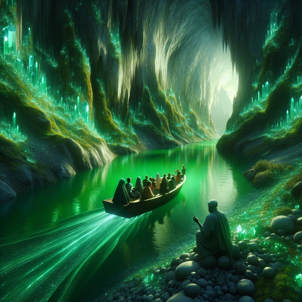Mystical Crystal Cave with Iridescent River