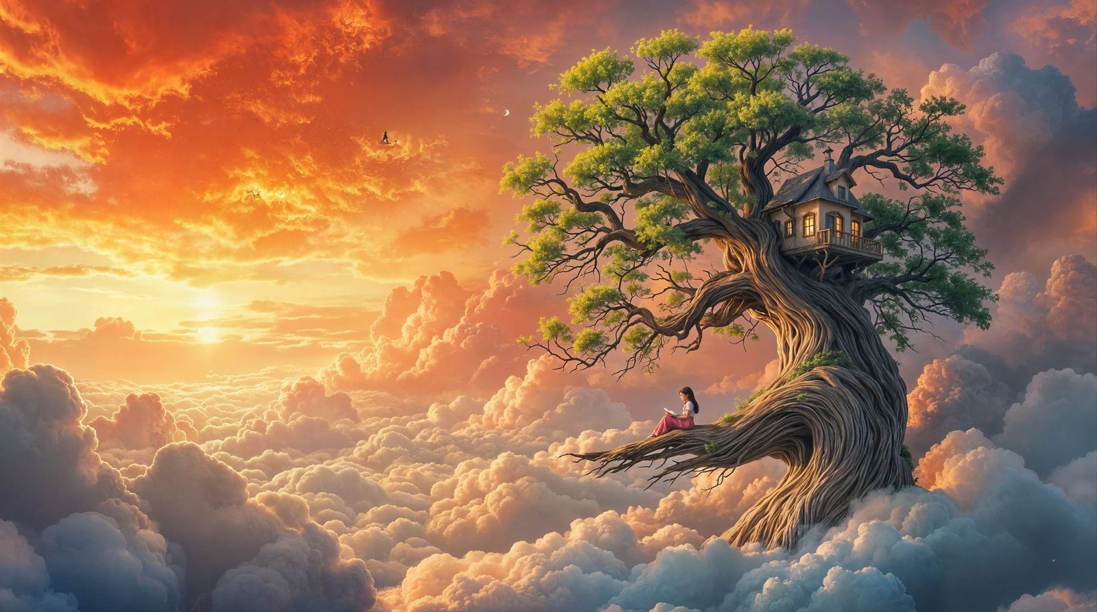 South Asian Girl Enveloped by a Sunset Cloud Tree