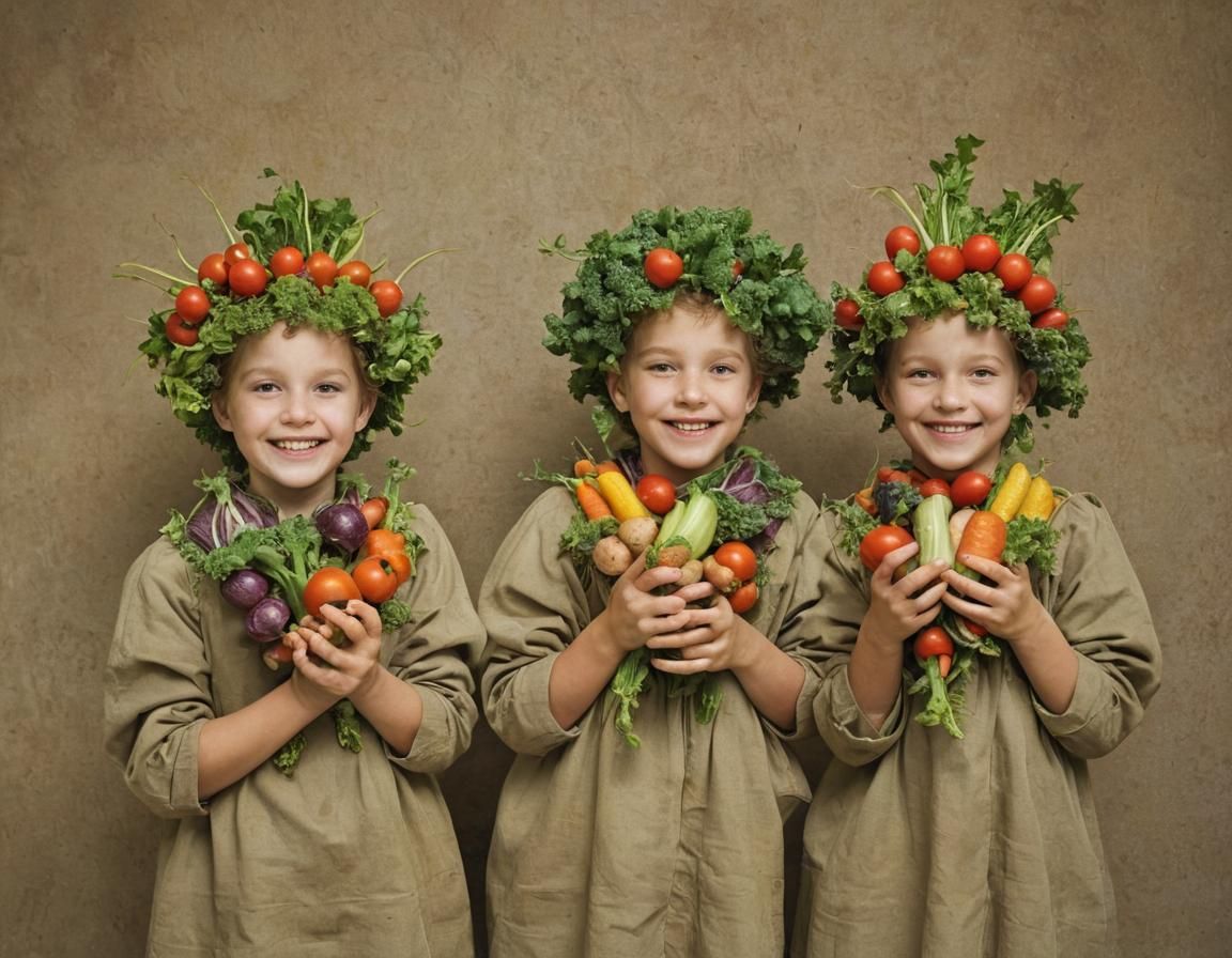 Triplets Surrounded by Vegetables in Art Style