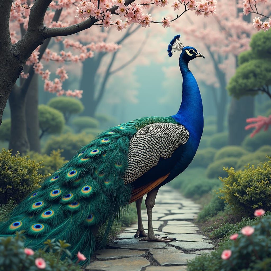 Peacock in Japanese Garden with Japandi Aesthetic