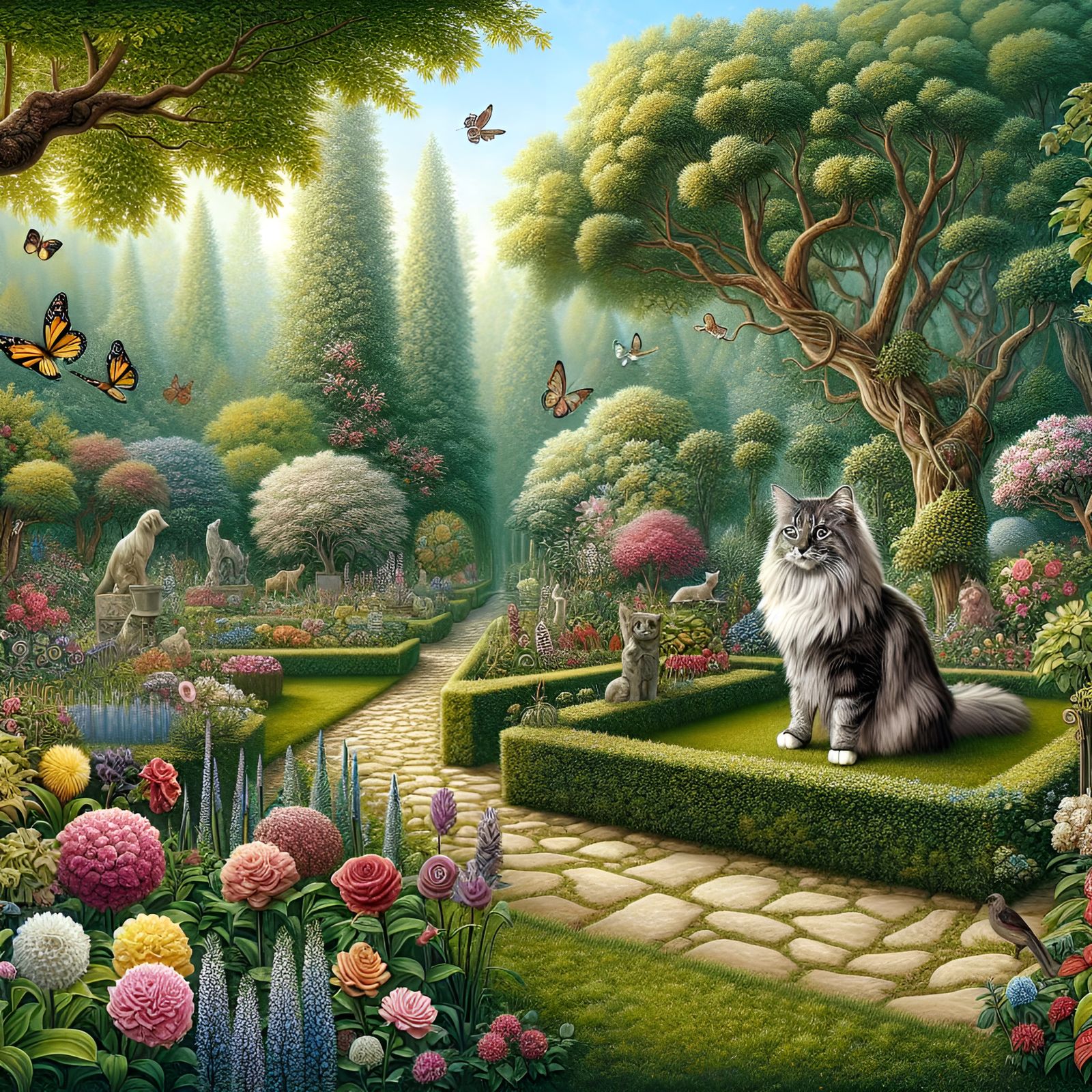 detailed cat, detailed garden background