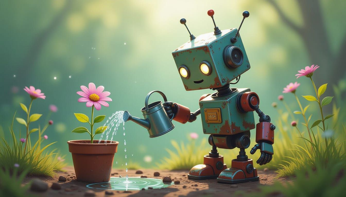 Robot Child Waters Flower: Whimsical Oil Painting