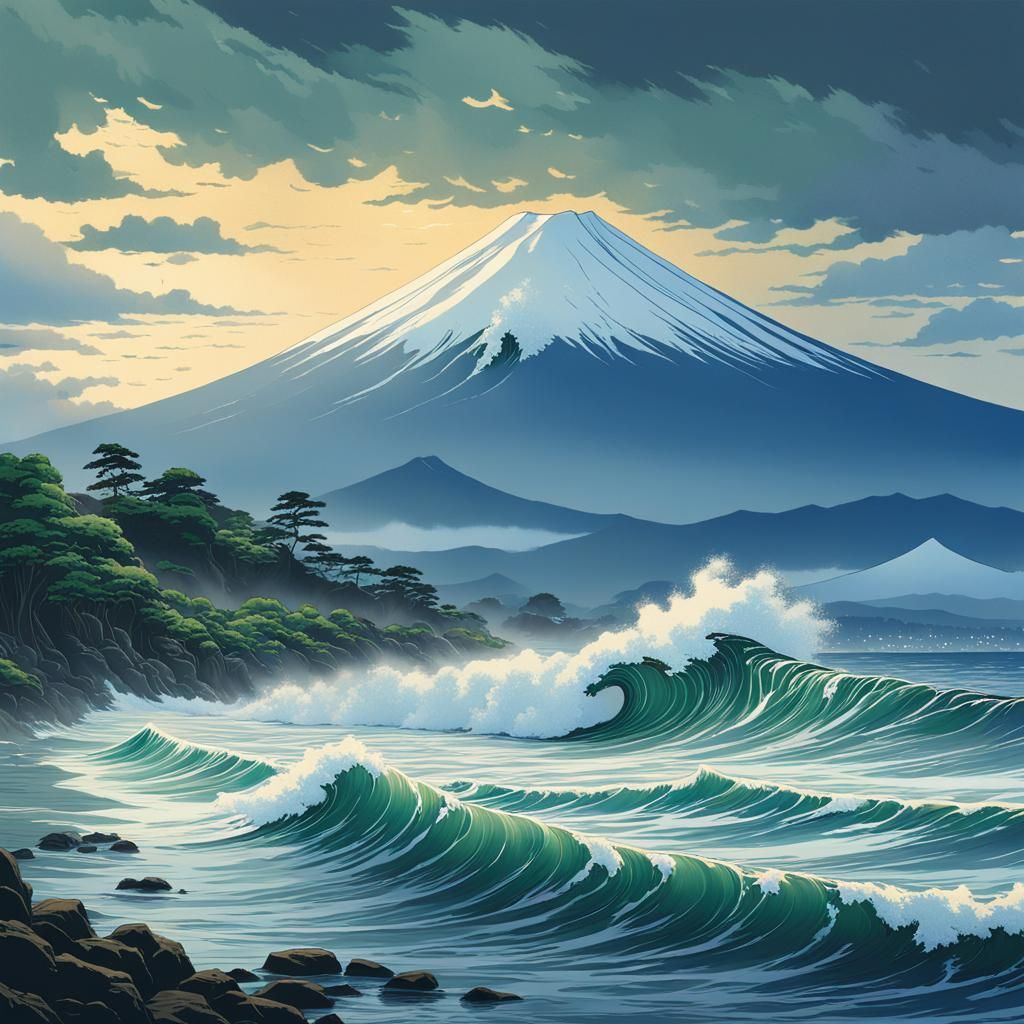 Ukiyo-e Wave Crashing with Mount Fuji
