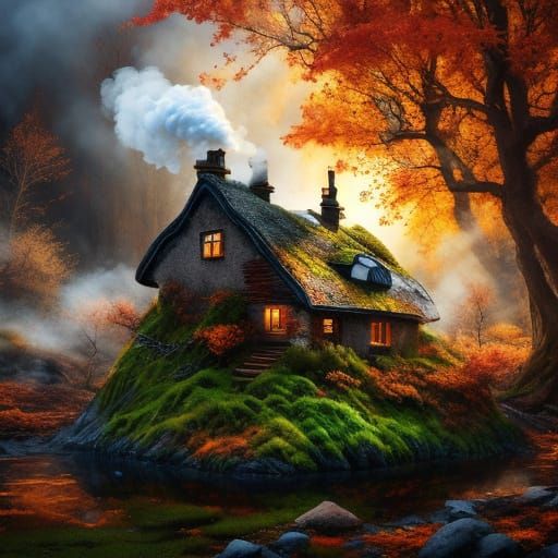 Autumn Forest Cottage with Moss and Curling Smoke