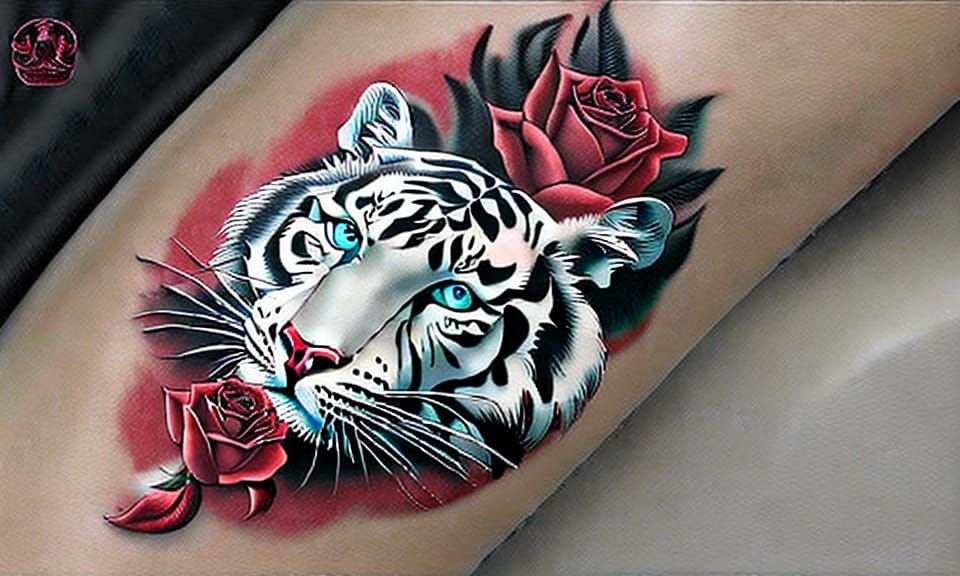 Realistic White Tiger Tattoo with Red Roses