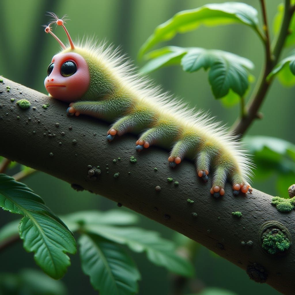<lora:-Frickin Cute-:1.0> A fuzzy caterpillar creeping along...