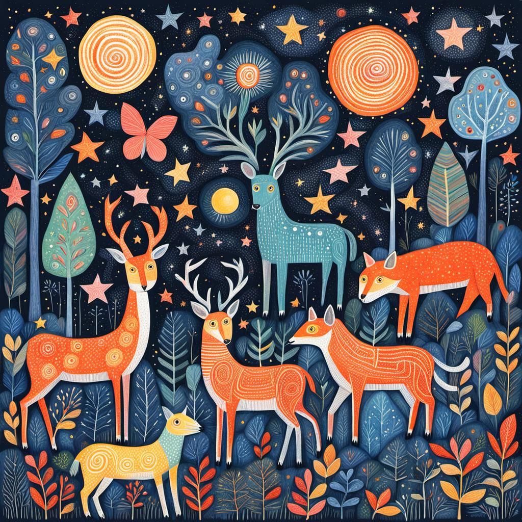 Animals in Starry Forest, Art Brut Gouache Painting
