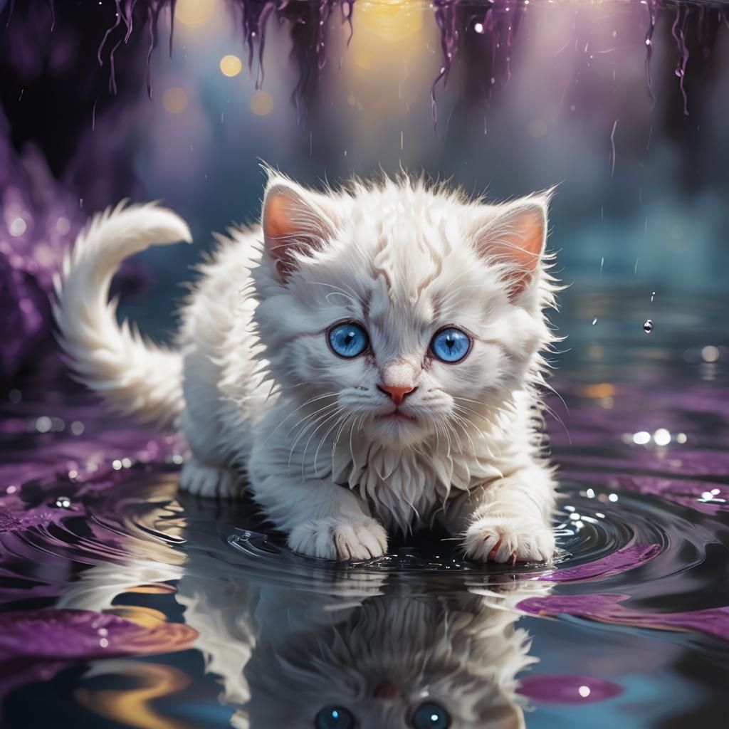 Fluffy Kitten Gazing at Reflection in Dark Fantasy Style