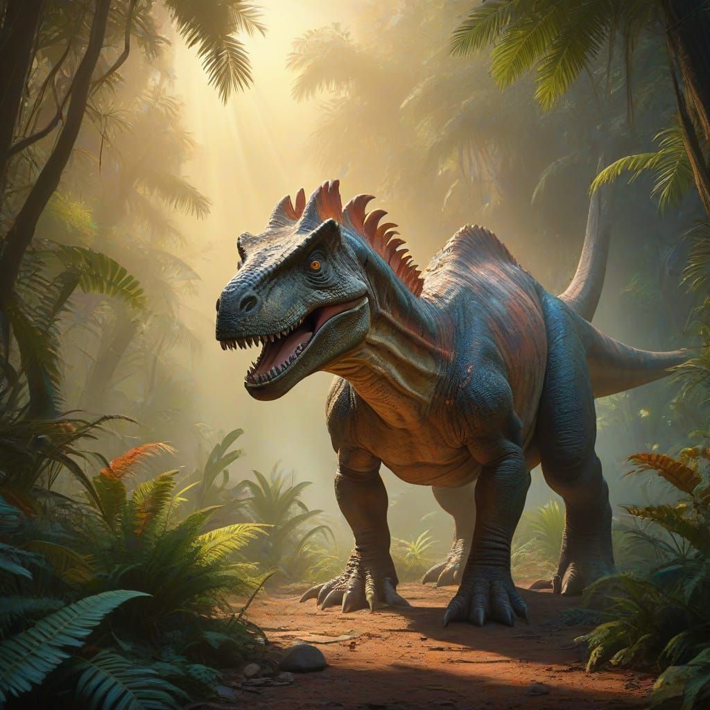 Dinosaur in Jurassic Era Environment, Oil Painting