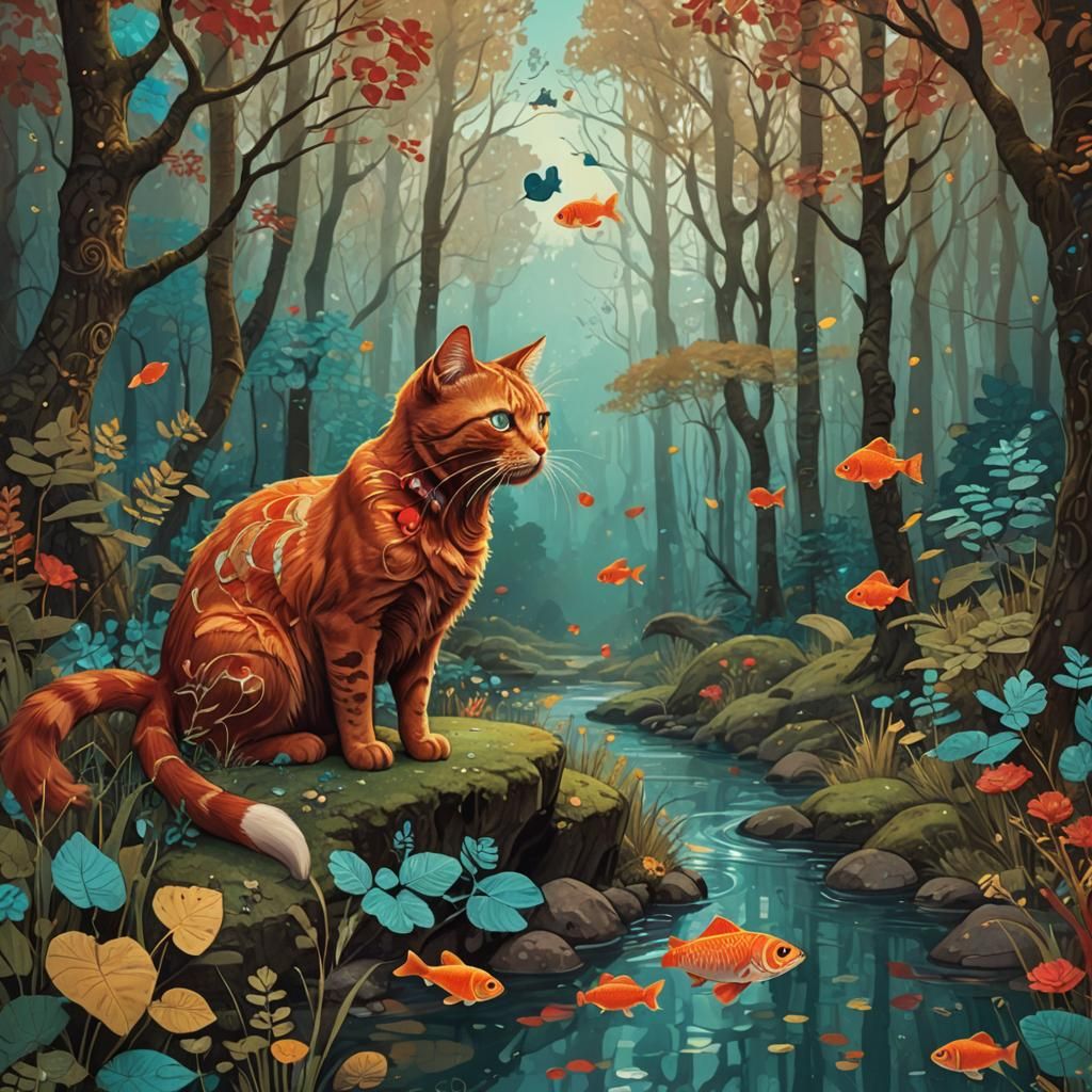 Red Cat and Fish in Forest, Klimt-Inspired Drawing