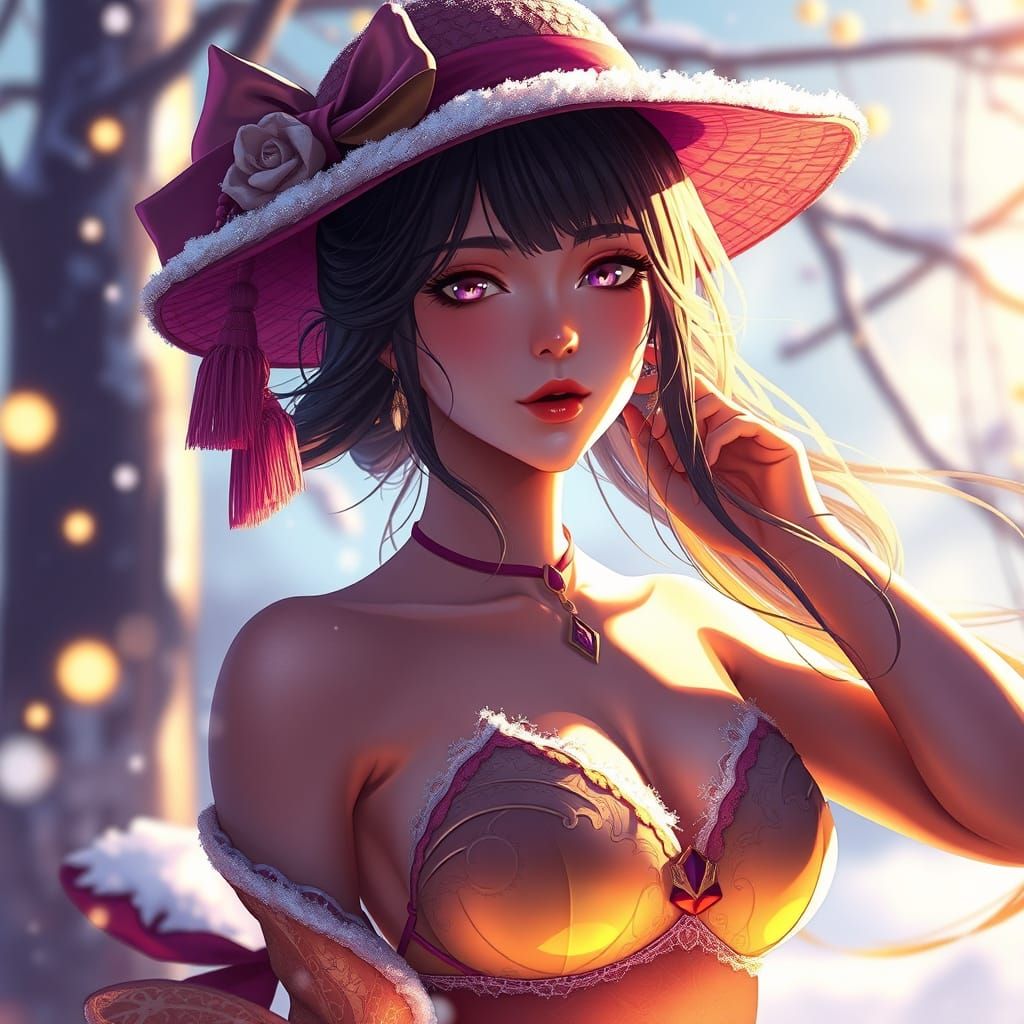 Anime Style Woman in Romantic Winter Bikini