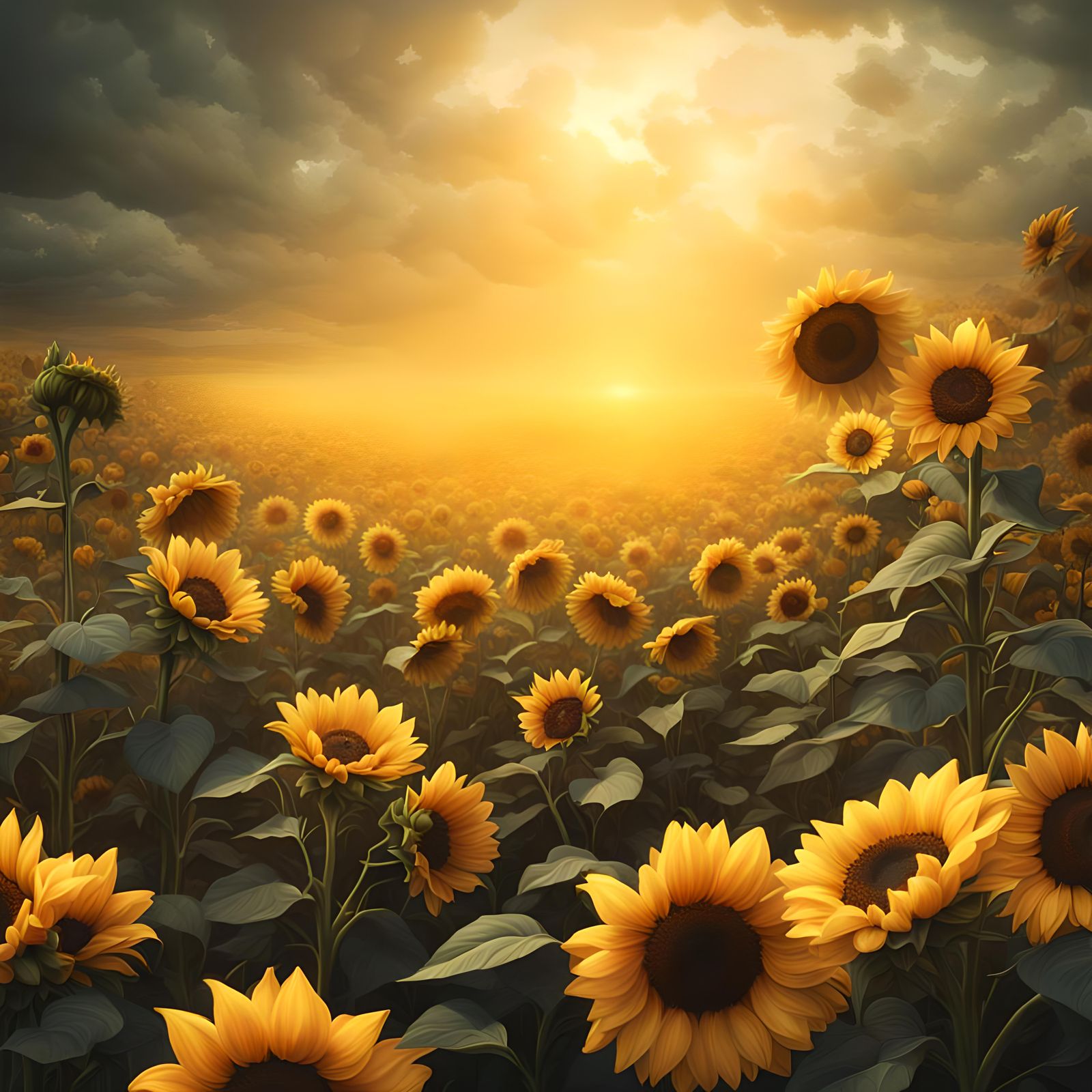 Yellow Sunflowers and Roses in Digital Painting