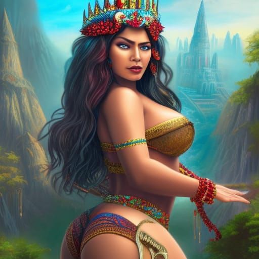 Aztec Princess with Pyramid: Detailed Fantasy Art