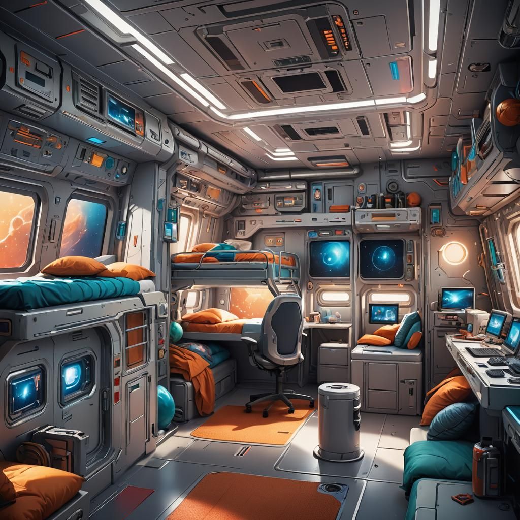 Realistic Spaceship Crew Quarters in Splash Art Style