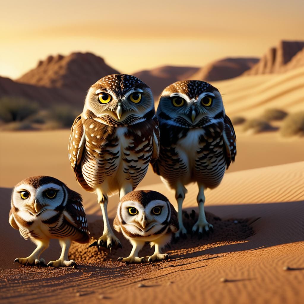 Burrowing Owl Family Emerges in Desert Landscape