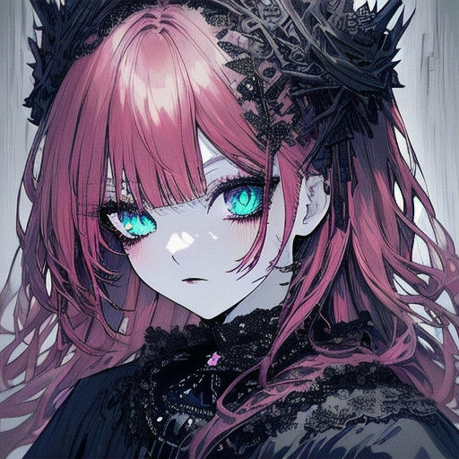 Gothic Lolita with Pink Hair and Dark Makeup in a Moody Port...