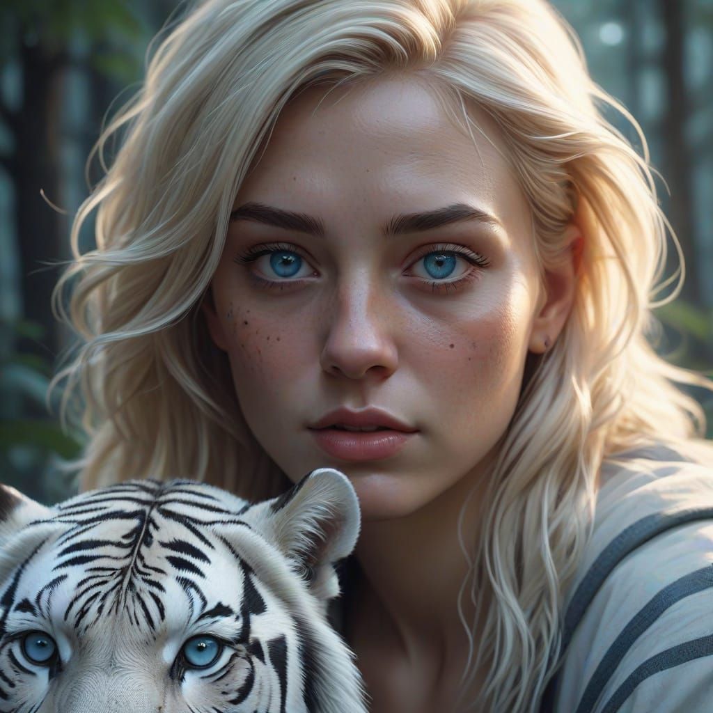 Hyper-Realistic Digital Art of Blonde Girl and White Tiger i...
