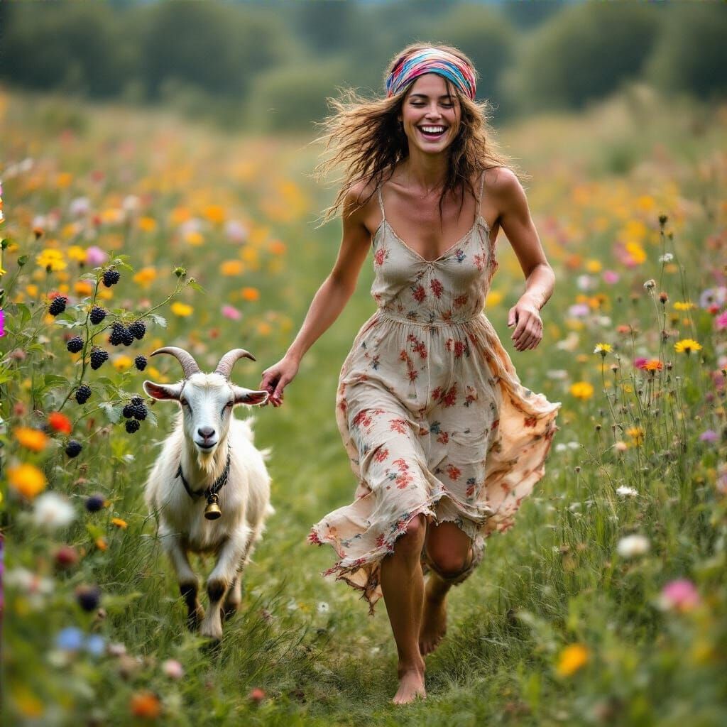 Woman Running Through Wildflower Meadow