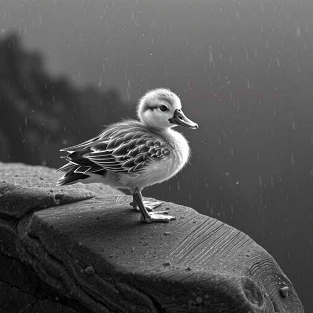 Duckling in Rainy Mountainscape, Black and White Photo