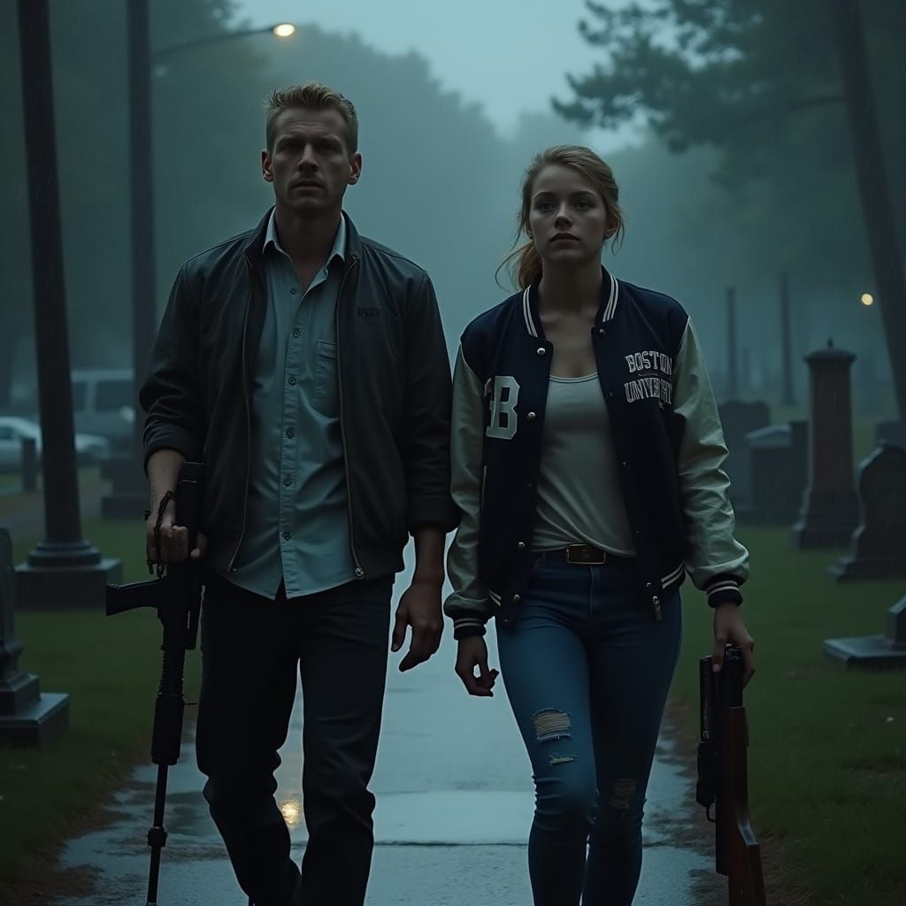 Man and Woman with Rifle in Rainy Graveyard