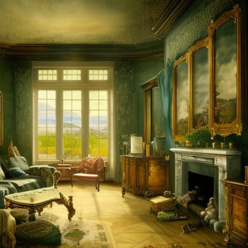 Cozy Living Room Overlooking Colonial Home, Photorealistic P...