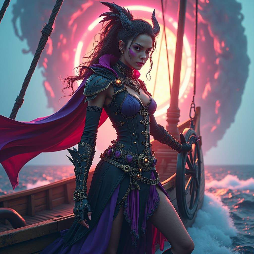 Pirate Alice Commands Cyberpunk Ship Through Portal