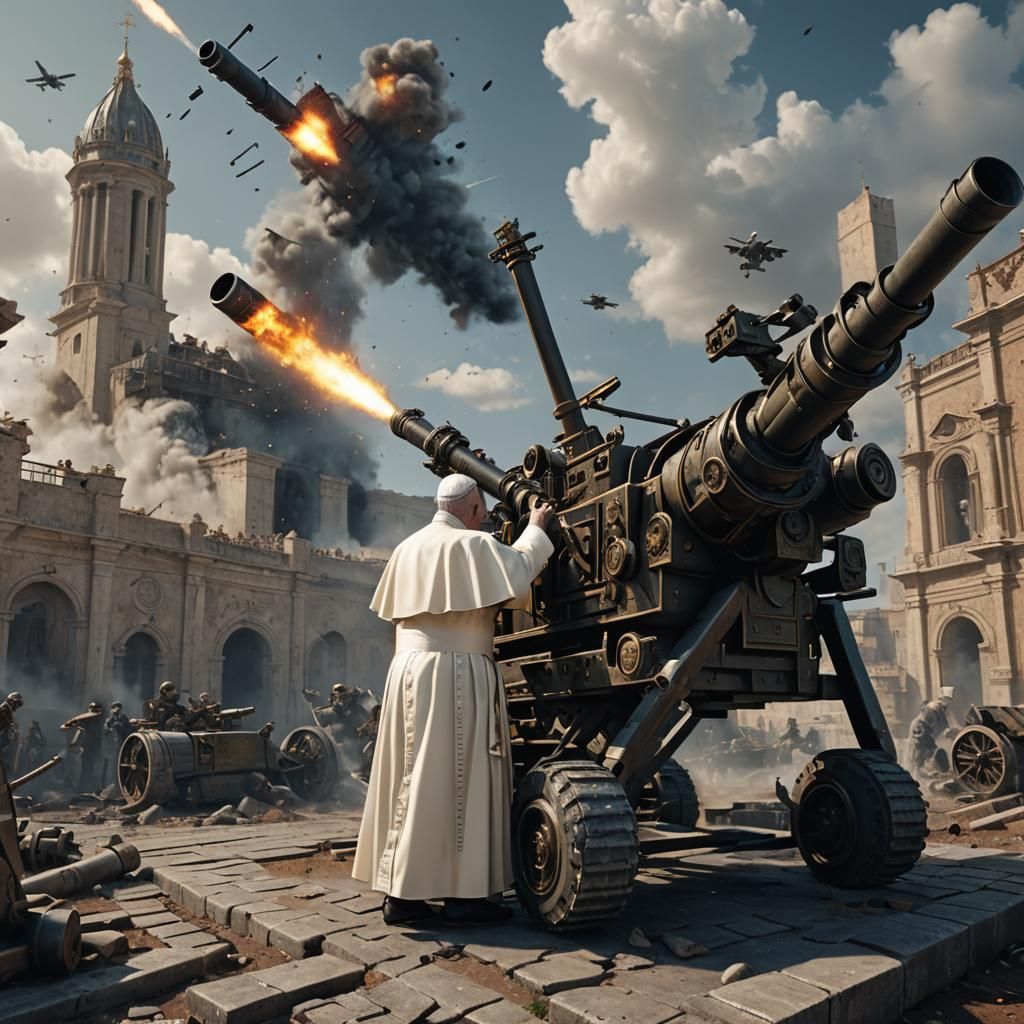 Pope with Anti-Aircraft Gun: Detailed Matte Painting
