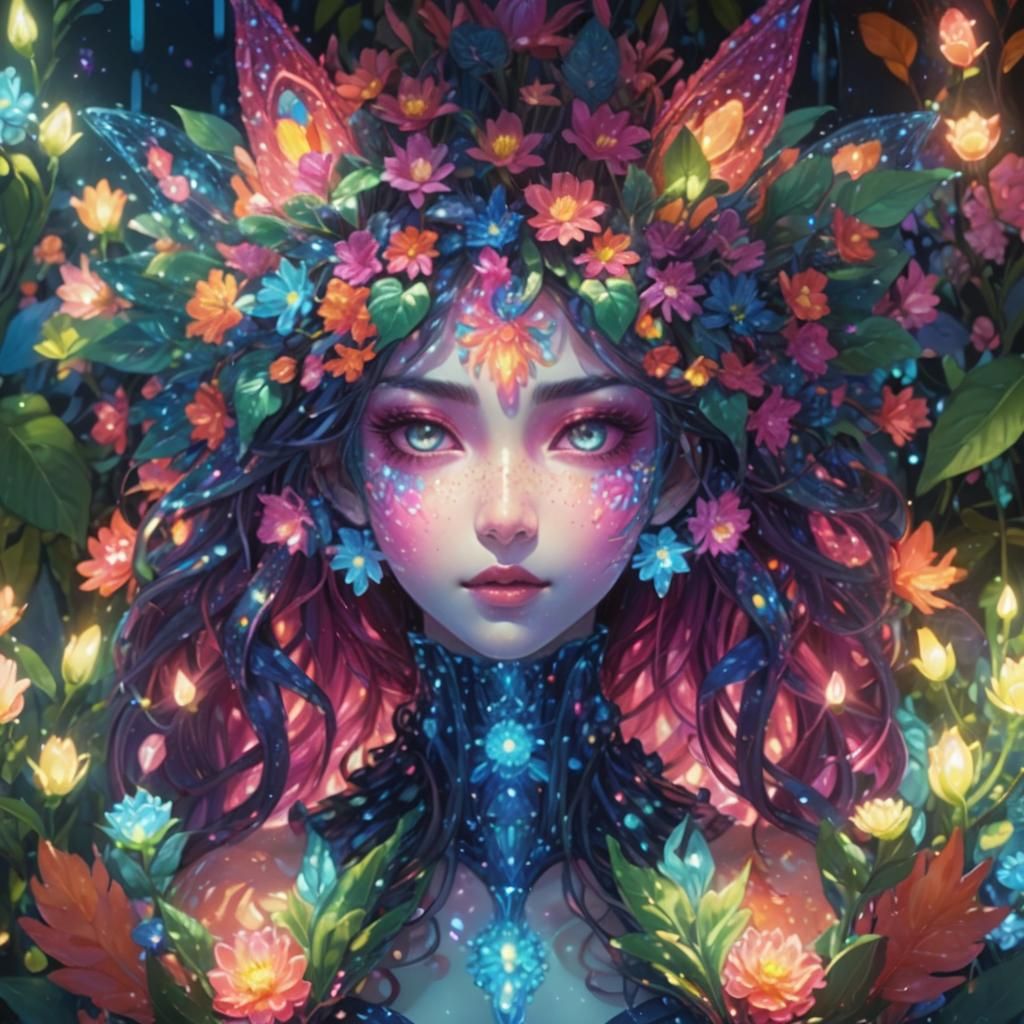 Neon Flower Creature in Manga Anime Style