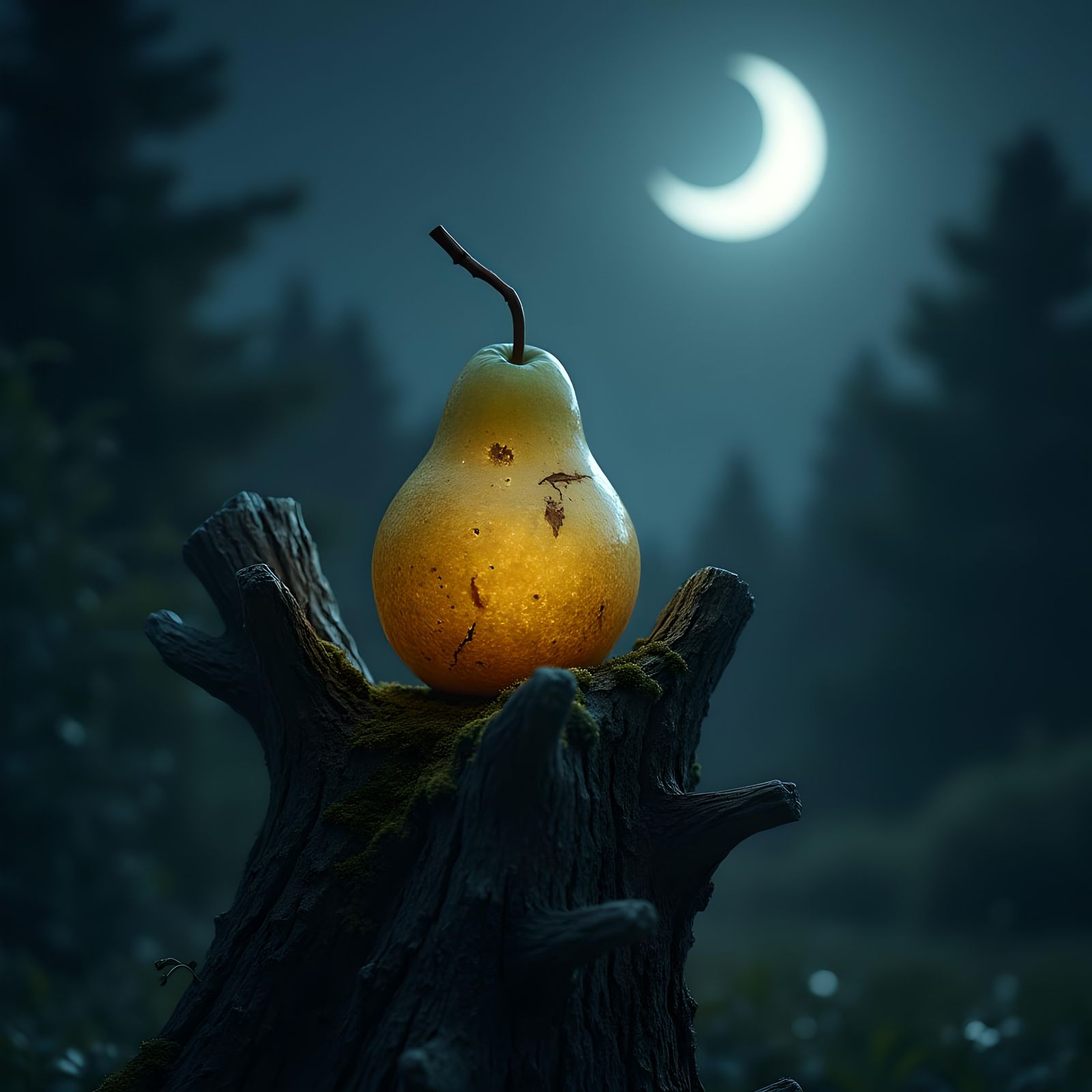 Rotting Pear on Tree Trunk: Detailed Matte Painting