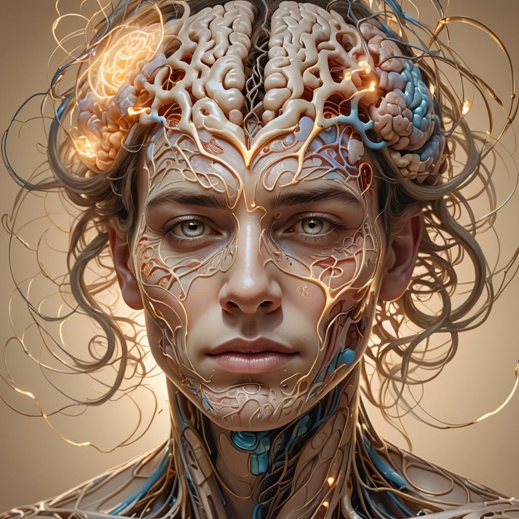 Glowing Heart and Brain Portrait in Hyperrealistic Style