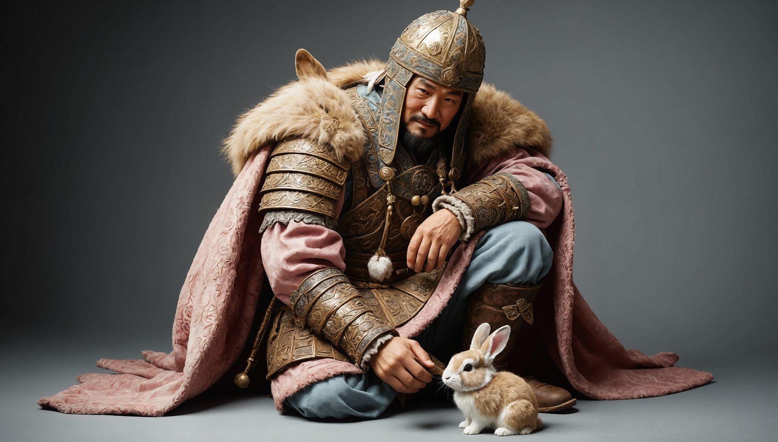 Mongolian Warrior Patting a Bunny: Ultra-Realistic Portrait