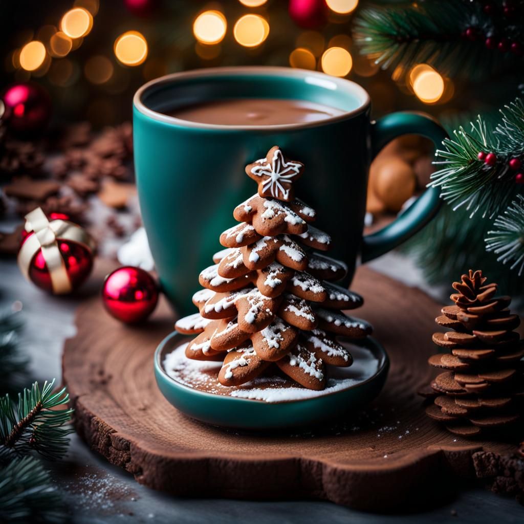 Christmas Gingerbread Tree and Cocoa Still Life