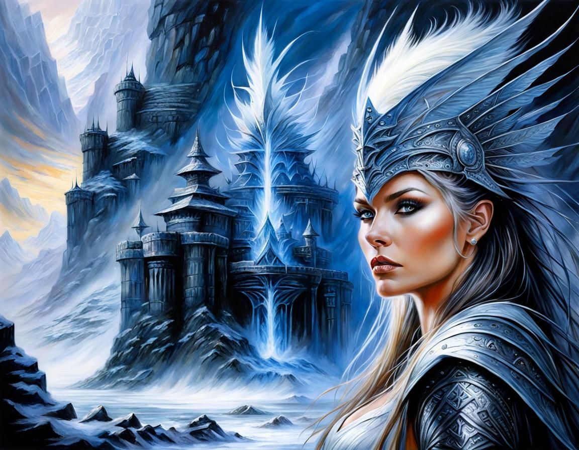 Ancient Norn Queen in Mountain Fortress Oil Painting