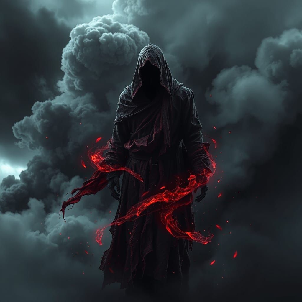 Dark Figure Emerges from Turbulent Storm Cloud