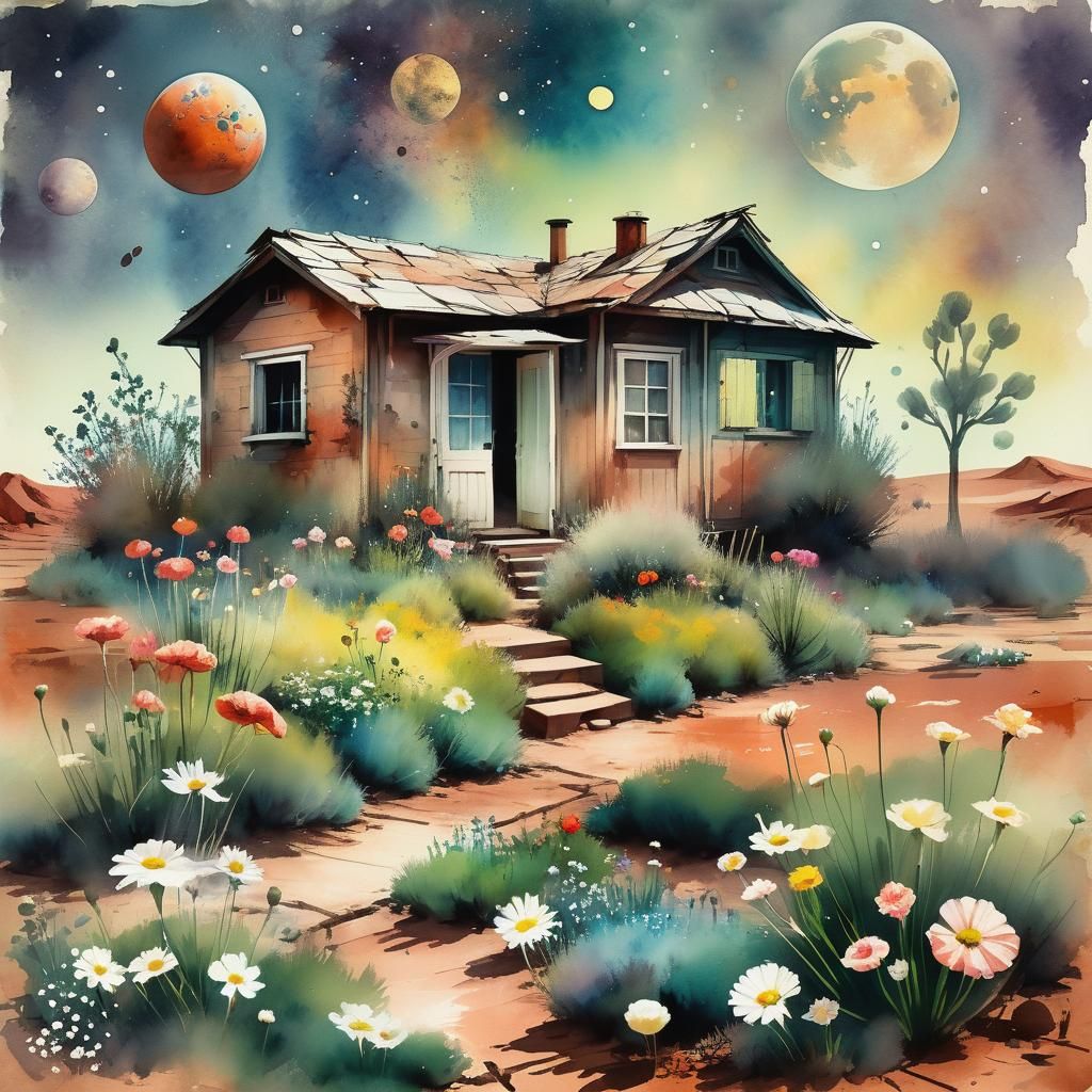 Martian Cottage Garden in Watercolor Style