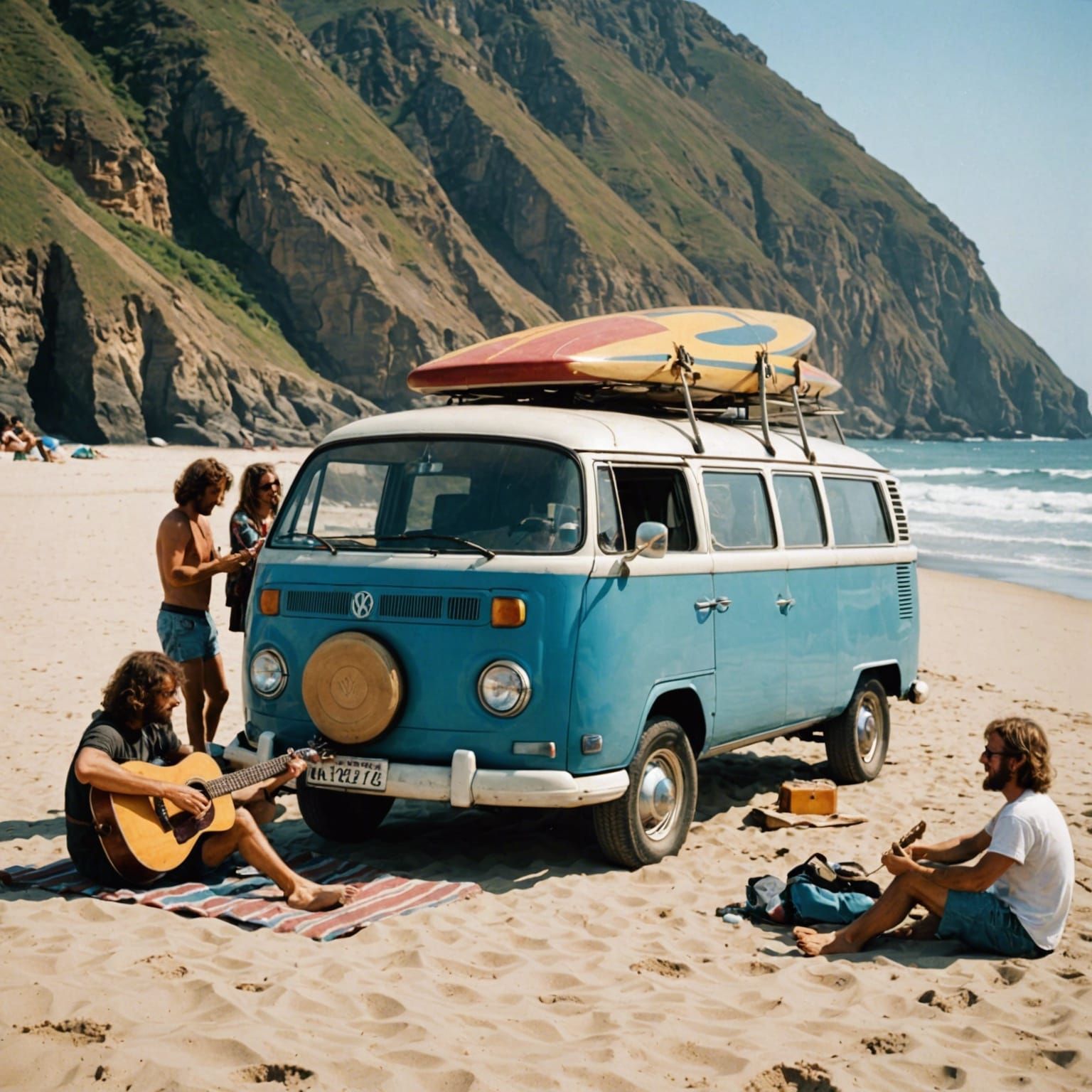 Vintage VW Van on Beach with Hippies Playing Guitar